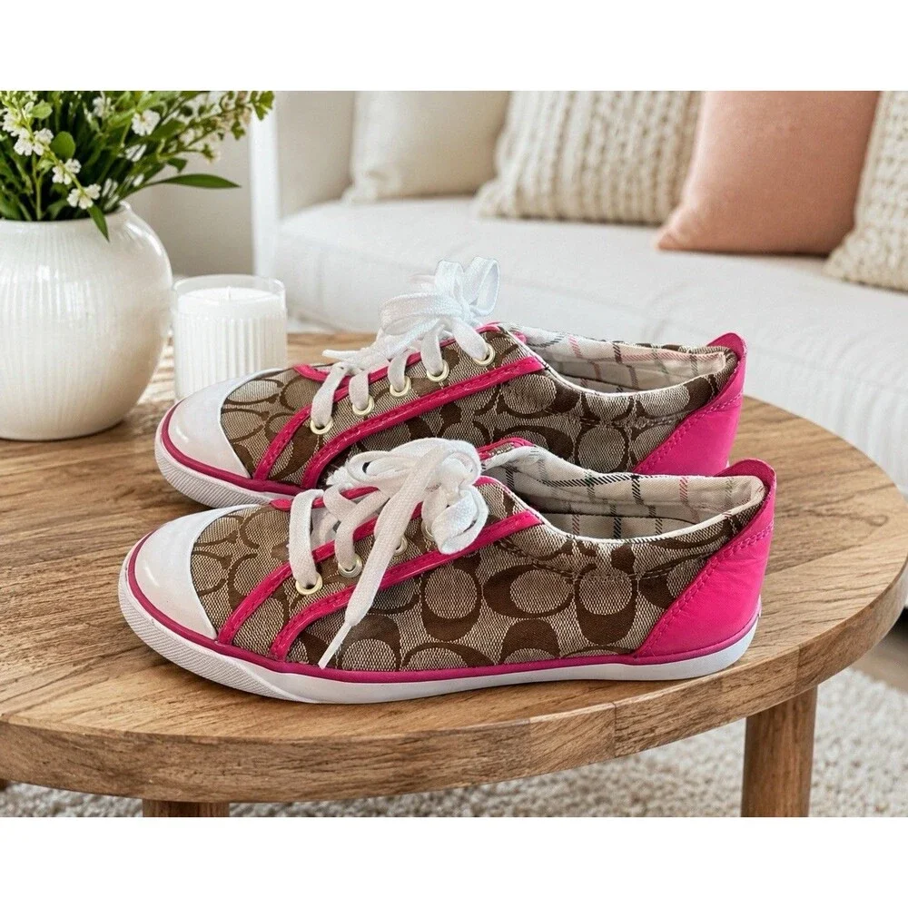 Coach Barrett Monogram Khaki Brown Pink Canvas Low Top Sneaker Tennis Shoe 7.5B